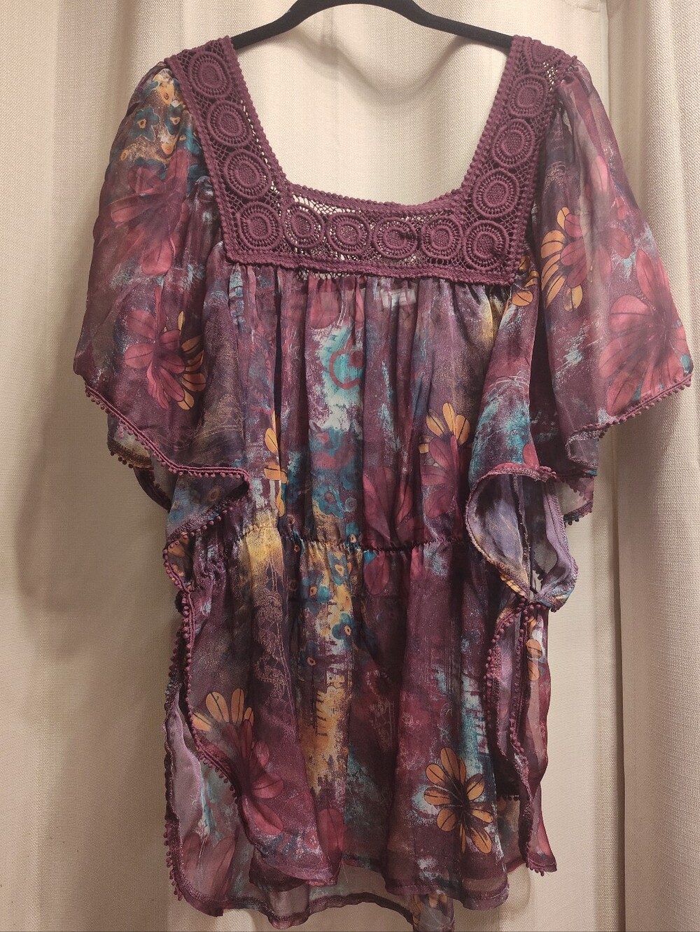 Seventh Avenue Bohemian Chiffon Lace Floral Sheer Square-Neck Peasant Top Plum